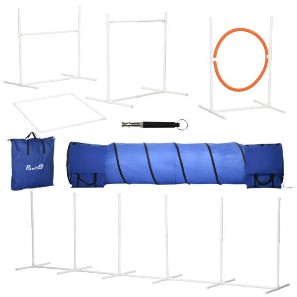 PawHut 6Piece Dog Agility Equipment Set with 3m Long Tunnel & Canine Whistle, Pause Box, Jumps, Weave Poles, Multicolour