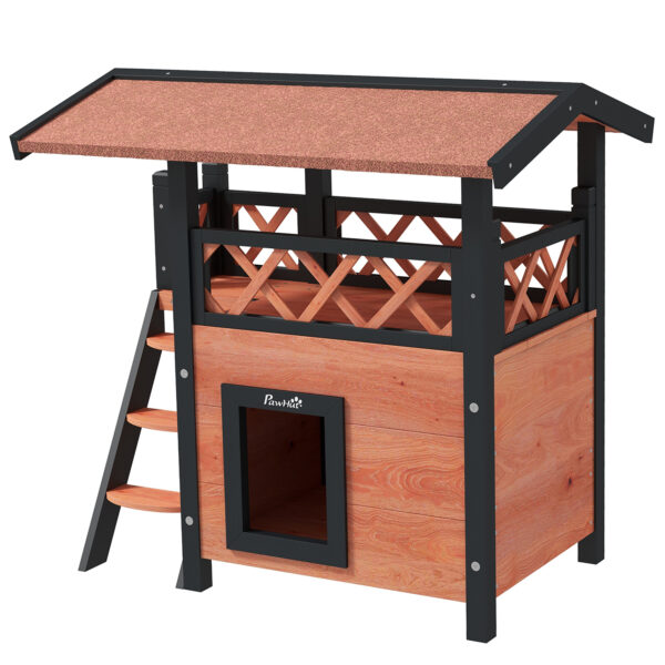 PawHut Cat House Outdoor w/ Balcony Stairs Roof, 77 x 50 x 73 cm,