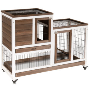 PawHut Wooden Indoor Rabbit Hutch Guinea Pig House Bunny Small Animal Cage W/ Wheels Enclosed Run 110 x 50 x 86 cm,