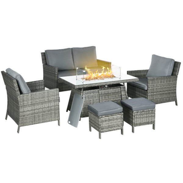 Outsunny 6Seater Rattan Garden Furniture Set w/ Gas Fire Pit Table, Wicker Loveseat, 2 Armchairs and 2 Footstools,