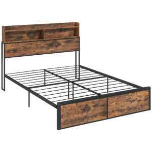 HOMCOM Industrial King Bed Frame, 5.2FT Steel Bed Base w/ Storage Headboard, Footboard, Under Bed Storage, 158 x 222cm, Rustic