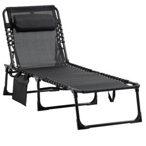 Outsunny Portable Sun Lounger, Folding Camping Bed Cot, Reclining Lounge Chair 5position Adjustable Backrest w/Side Pocket for Patio Garden