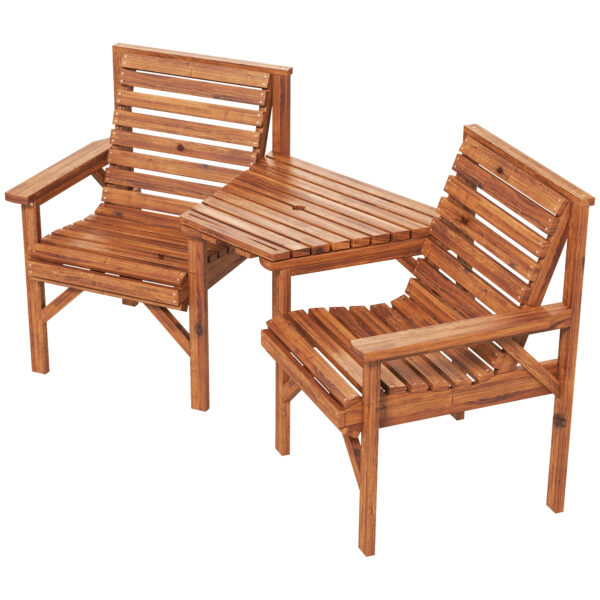 Outsunny Wooden Garden Love Seat w/  Table Umbrella Hole, Tan