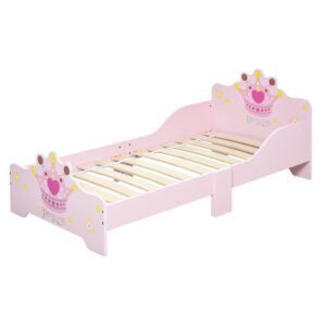 HOMCOM Kids Wooden Bed with Crown Modeling Safety Side Rails Easy to Clean Perfect Gift for Toddlers Girls Age 3 to 6 Years Old