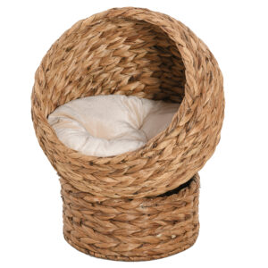 PawHut Wicker Cat Bed, Raised Rattan Cat Basket with Cylindrical Base, Soft Washable Cushion, , 50 x 42 x 60 cm