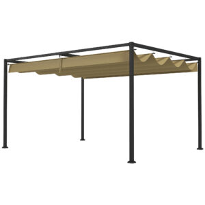 Outsunny 4 x 3m Metal Pergola with Retractable Roof, Garden Gazebo Canopy Shelter for Outdoor, Patio, Khaki