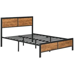 HOMCOM Industrial Double Bed Frame, 5FT Steel Bed Base with Headboard, Footboard, Slatted Support and Under Bed Storage, 147 x 197cm, Rustic