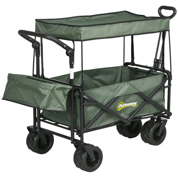 Outsunny Folding Trolley Cart Storage Wagon Beach Trailer 4 Wheels with Handle Overhead Canopy Cart Push Pull for Camping,