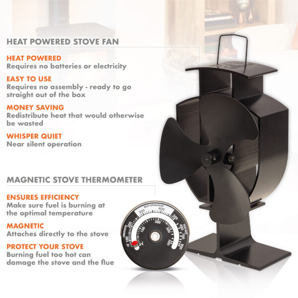 Heat Powered 3 Blade Stove Fan and Magnetic Stove/Fireplace Thermometer