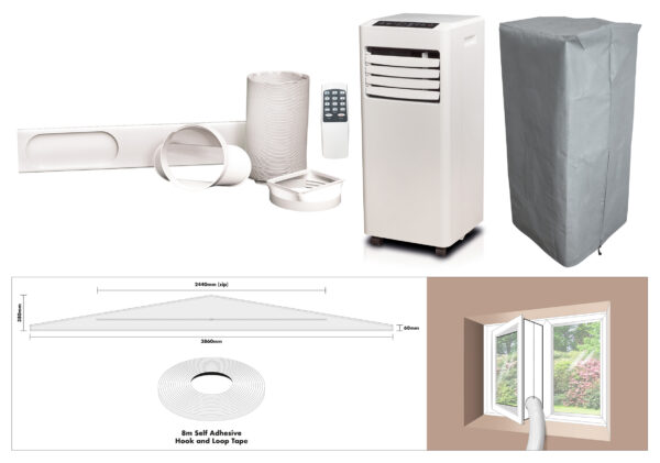 Prem-I-Air 8,000 BTU Portable Local Air Conditioner With Remote Control, Near Universal Window Fixing Kit and Dust Cover.