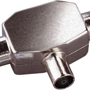 Coaxial T Splitter with Line Socket Input to 2 Coaxial Line Plug Outputs