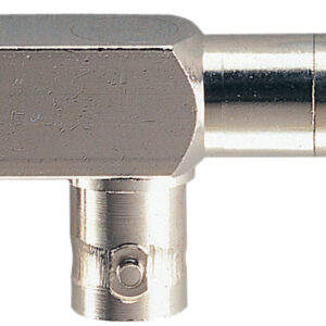 Dual Right Angled BNC Adaptor with Gold Plated Contacts (BNC Line Plug to 2x BNC Chassis Sockets)