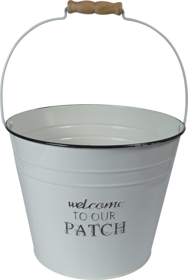 St Helens Home and Garden Vintage Metal "Welcome to Our Patch Pale Planter With Handle White