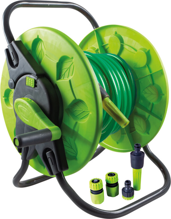 Hose Cart Without Wheels - Consists of a Length of Hose Pipe,1x Infoor/Outdoor Tap Adaptor, 3x Hose End Connectors, 1x Water Stop Connector and an Adjustable Spray Nozzle Connector