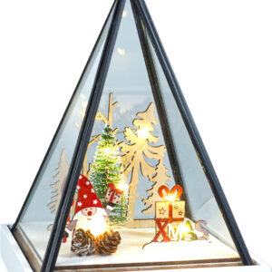 Xmas Haus Triangle Hurricane Glass Holder with Light Up Festive Gonk Scene Battery Operated