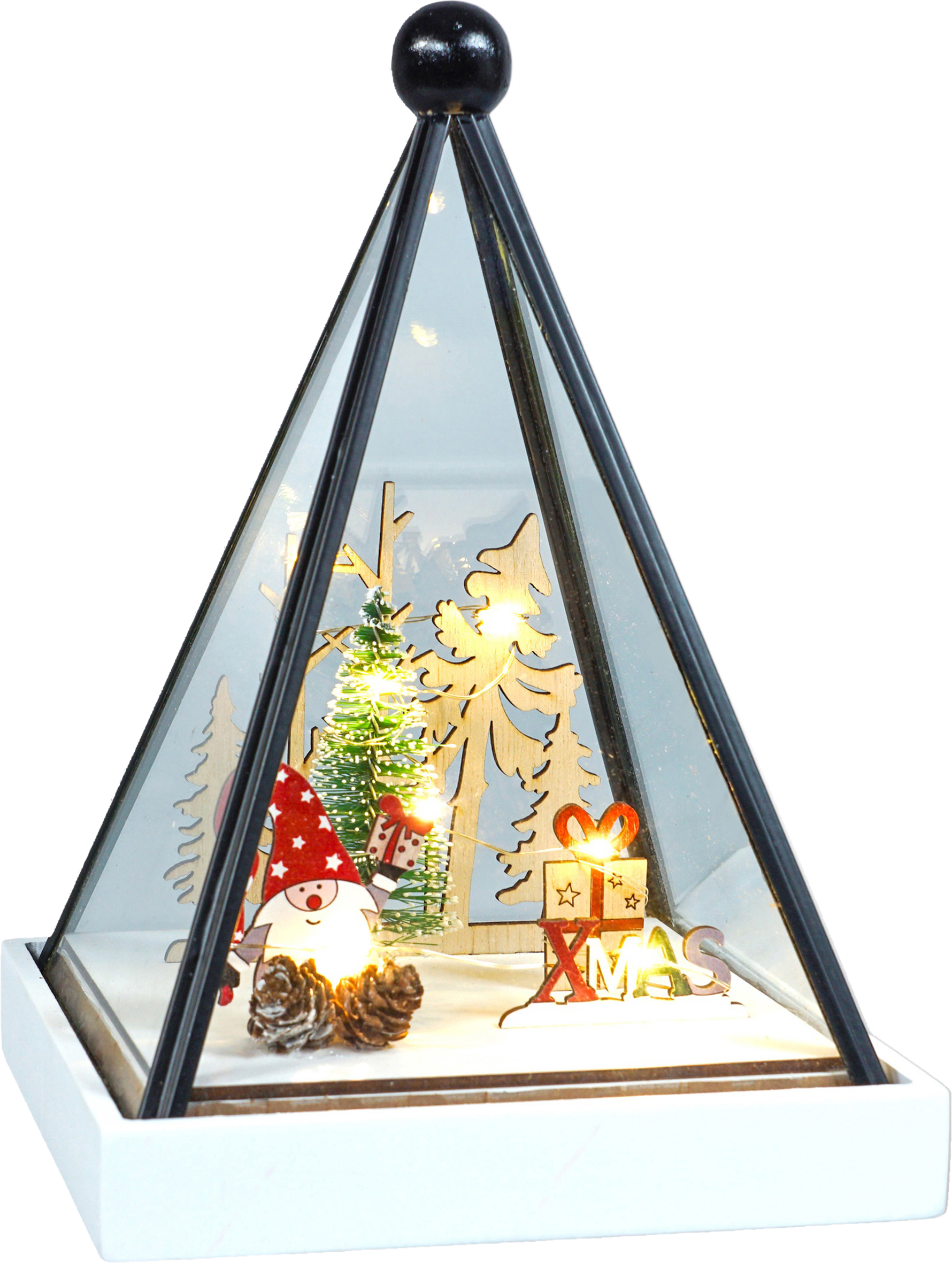 Xmas Haus Triangle Hurricane Glass Holder with Light Up Festive Gonk Scene Battery Operated