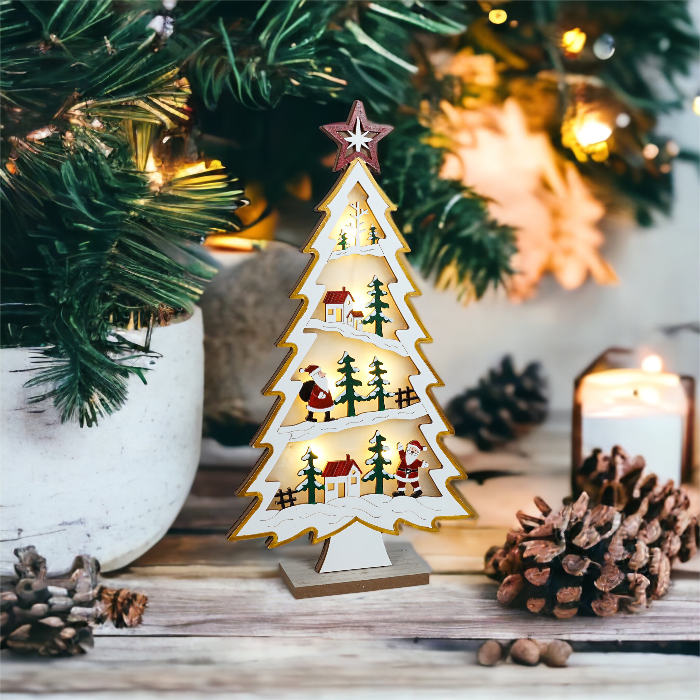 Xmas Haus Natural festive Wood LED Light Up Christmas Village With in a Tree Scene Battery Operated